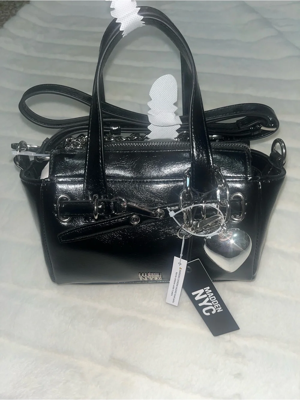 Madden NYC Small Black Satchel Hand Purse With Small Heart Chain NWT